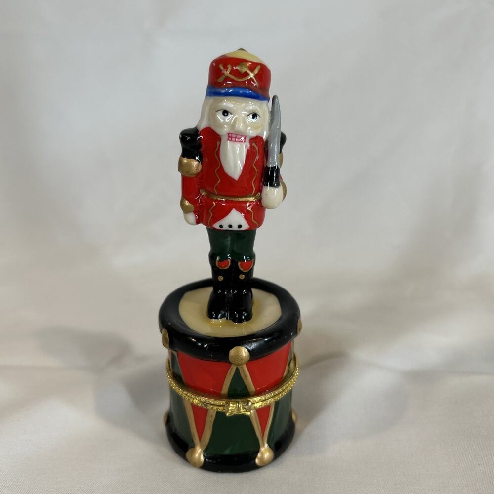 Vintage Porcelain Hand Painted Drum Hinged Nutcracker Figurine Trinket Box